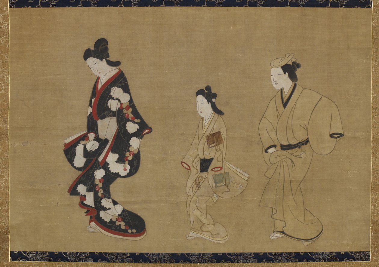 Prostituta, Kamuro e Wakashu, c.1695 (tinta e cor na seda) de Moronobu Hishikawa