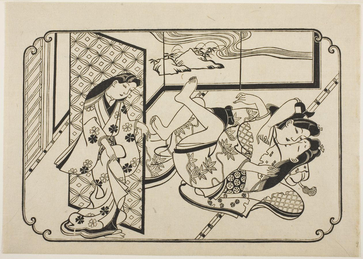 A Courtesan with Her Client, a primeira folha de um álbum de fotos eróticas sem título de Hishikawa Moronobu