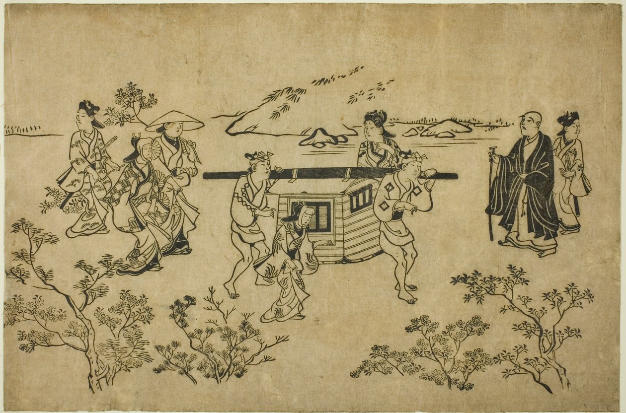 A Passing Palanquin, da série "Scenes of Flower-viewing at Ueno (Ueno hanami no tei)" de Hishikawa Moronobu
