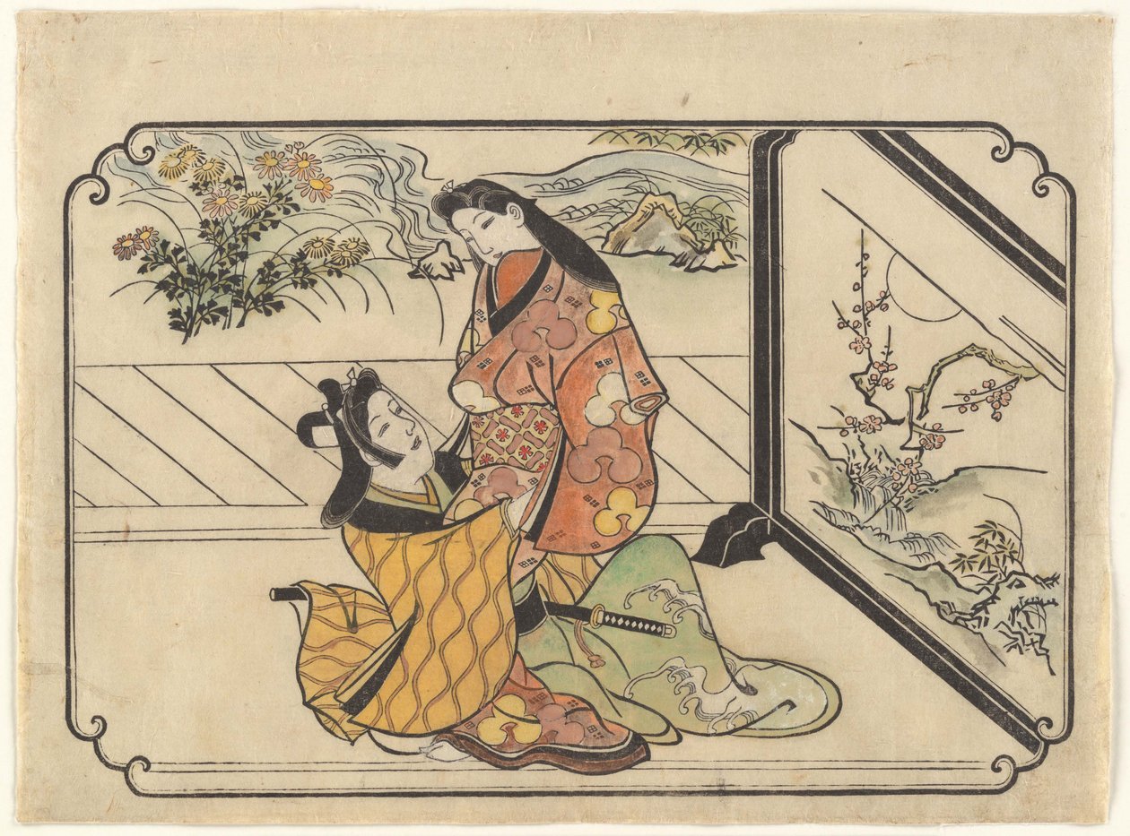Cortesã com um jovem homem (Wakashu) junto a um biombo de Hishikawa Moronobu