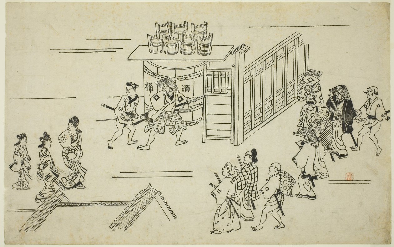 Entrada de Ageyacho, da série "A Aparição de Yoshiwara (Yoshiwara no tei)", c.1681-84 (xilogravura; sumizuri-e, oban) de Hishikawa Moronobu