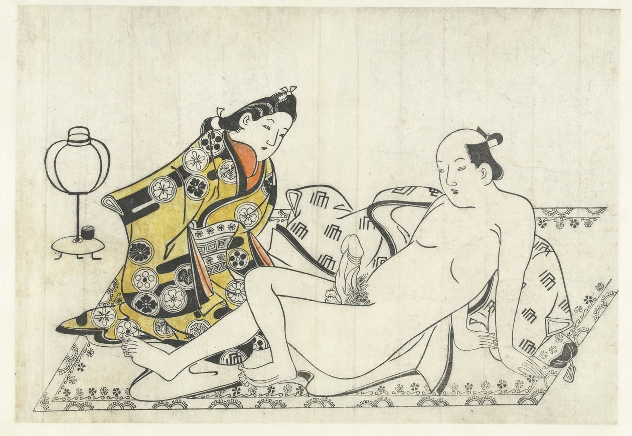 Mulher jovem e homem nu em tapete de Hishikawa Moronobu