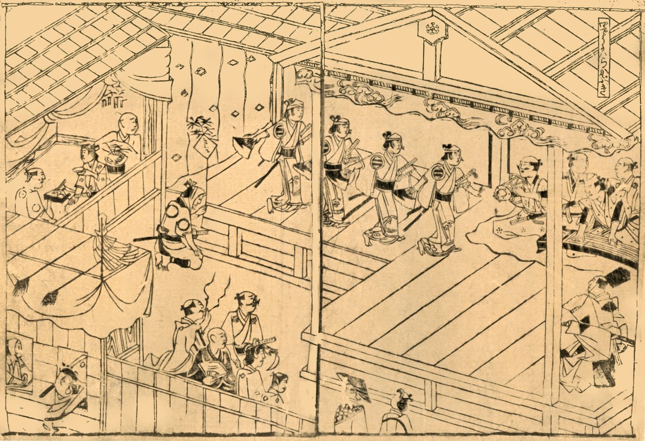 Desempenho Kabuki no leito do rio Shijo, 1658, 1924. de Hishikawa Moronobu