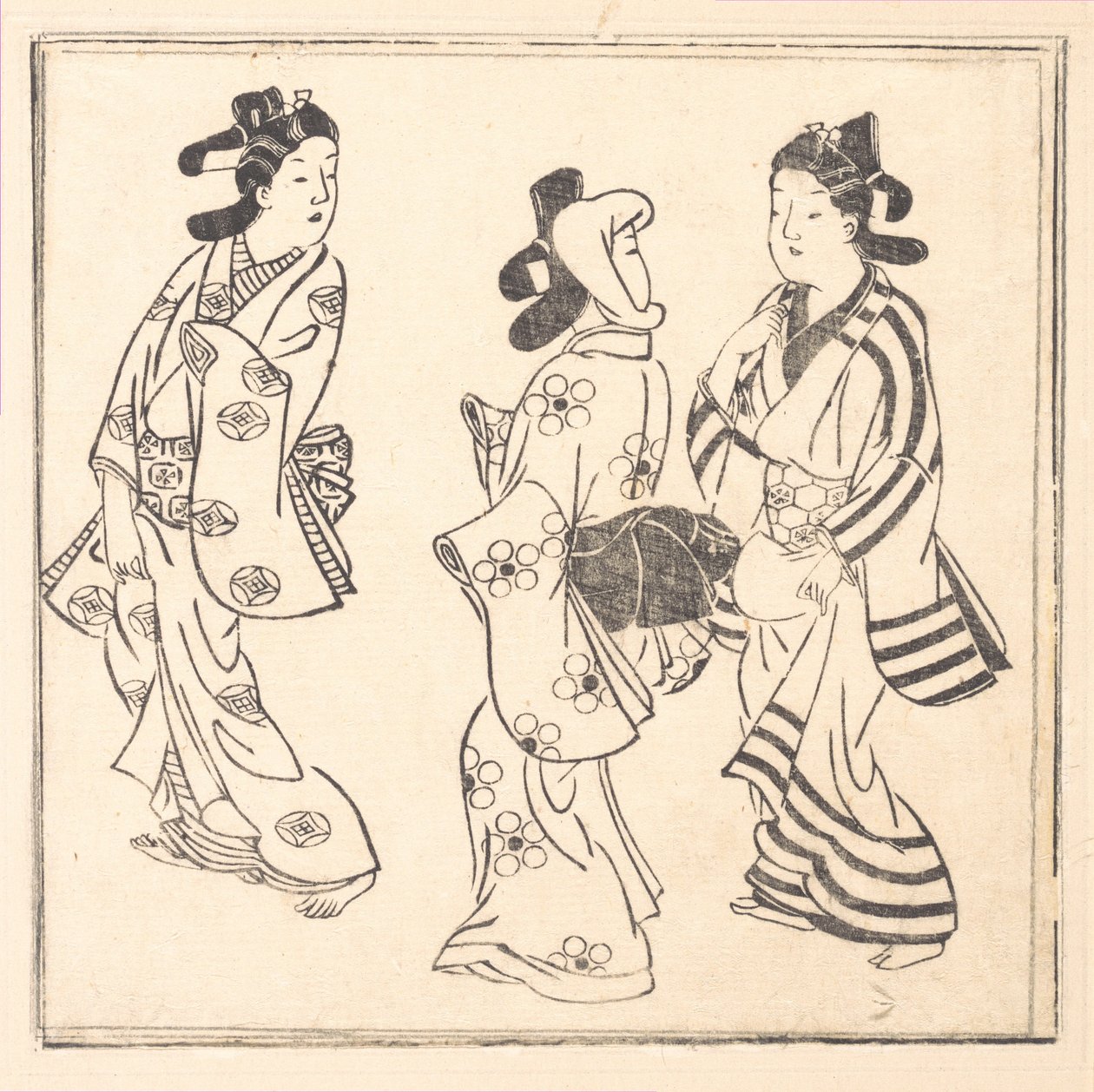 Folha de um livro intitulado: Wakoku Hiaku-jo: Cem mulheres japonesas de Hishikawa Moronobu