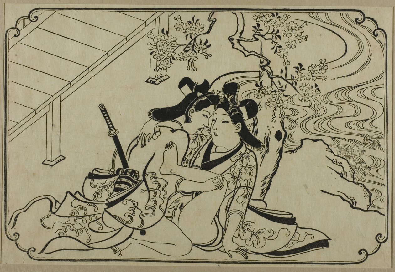 Amantes no jardim, de uma série sem título de gravuras eróticas de Hishikawa Moronobu