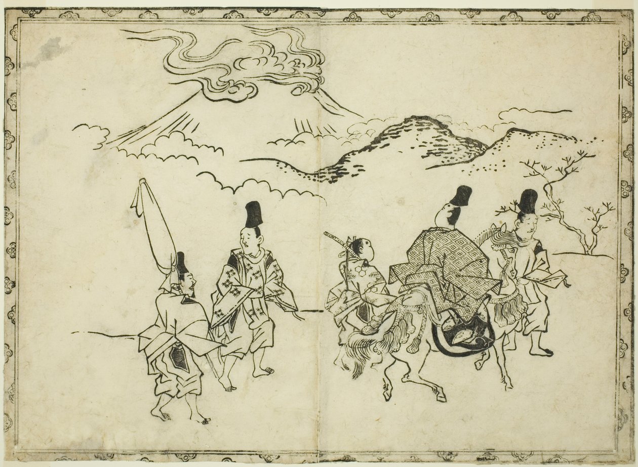 A Viagem Oriental de Narihira, do livro ilustrado "Panorama das Pinturas em Biombos e Pergaminhos Suspensos (Byobu kakemono ekagami)" de Hishikawa Moronobu
