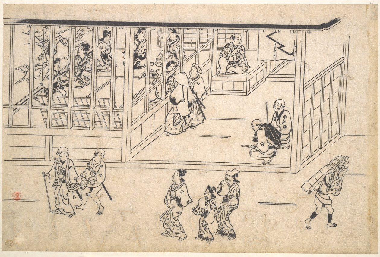 Cena de rua em Yoshiwara de Hishikawa Moronobu