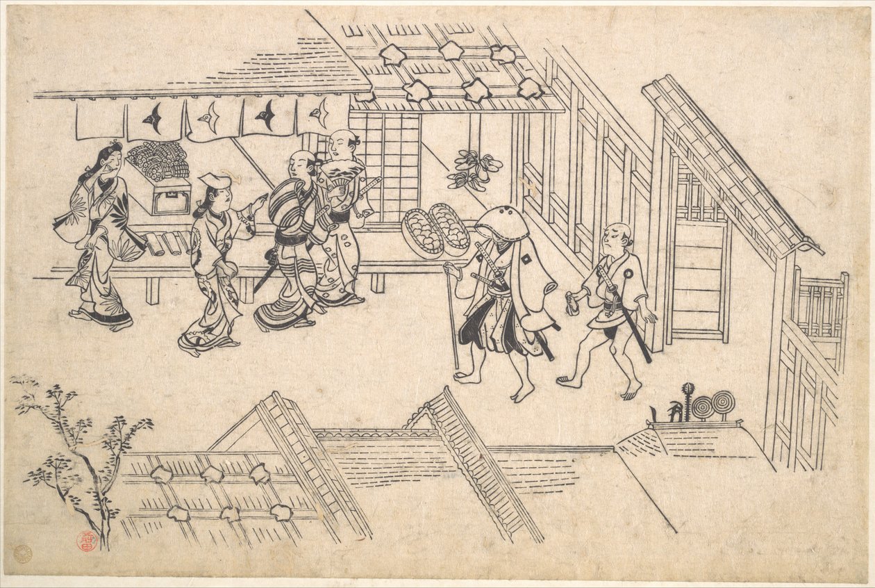A entrada de Ageya-machi, da série «Cenas em Yoshiwara (Yoshiwara no tei)» de Hishikawa Moronobu