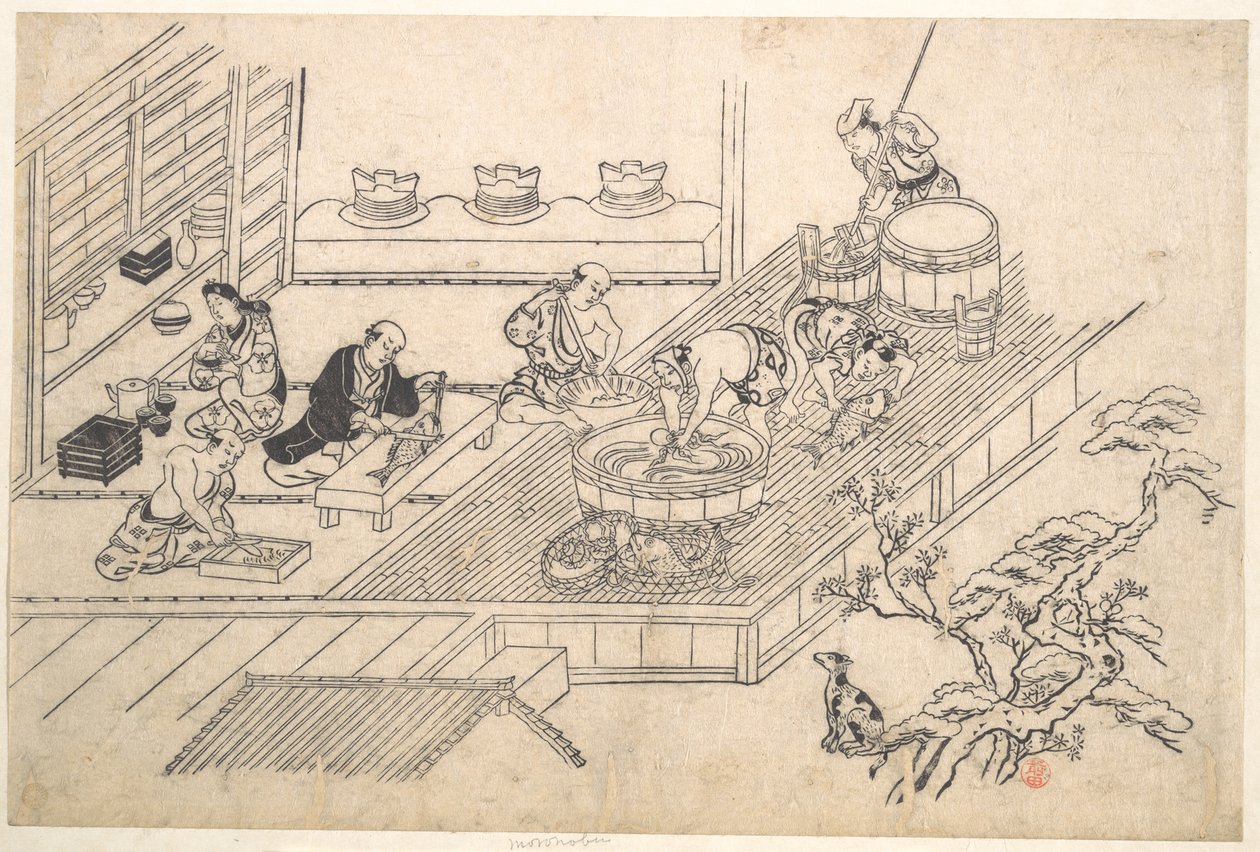 A cozinha de uma Joroya de Hishikawa Moronobu
