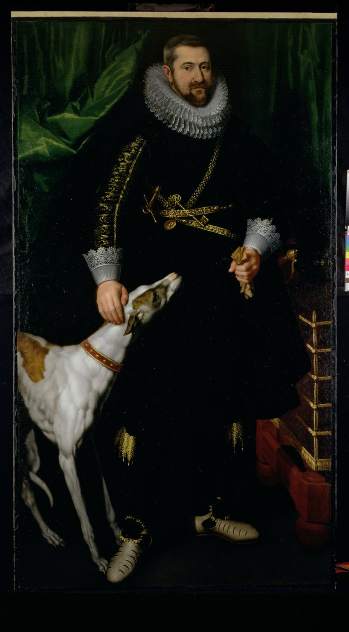 Retrato de um cavalheiro que se diz ser da família Coudenhouve de Flandres, c.1610-20 (par de 121430) de Hispano Flemish School