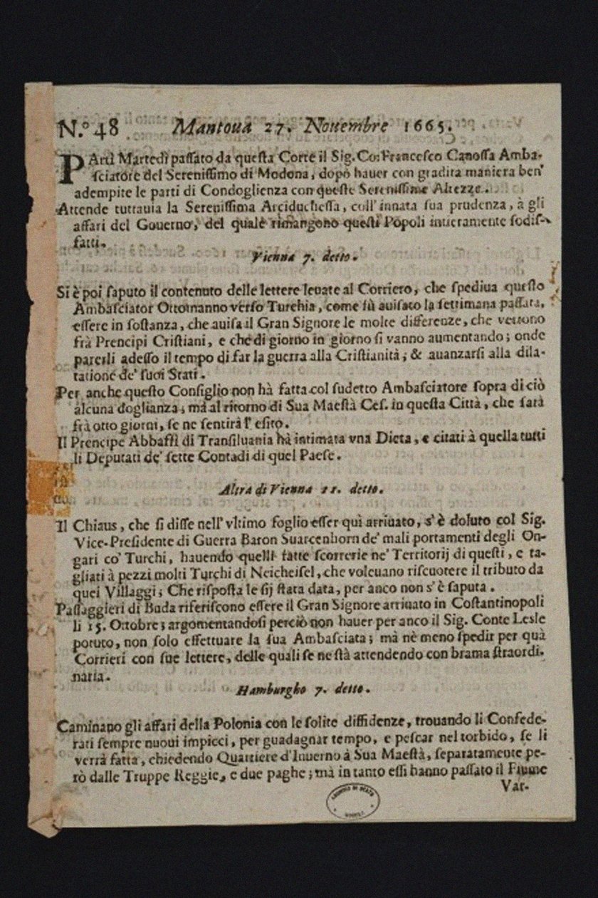 Gazzetta di Mantova - mais antigo jornal italiano, 1665 de Historic Object