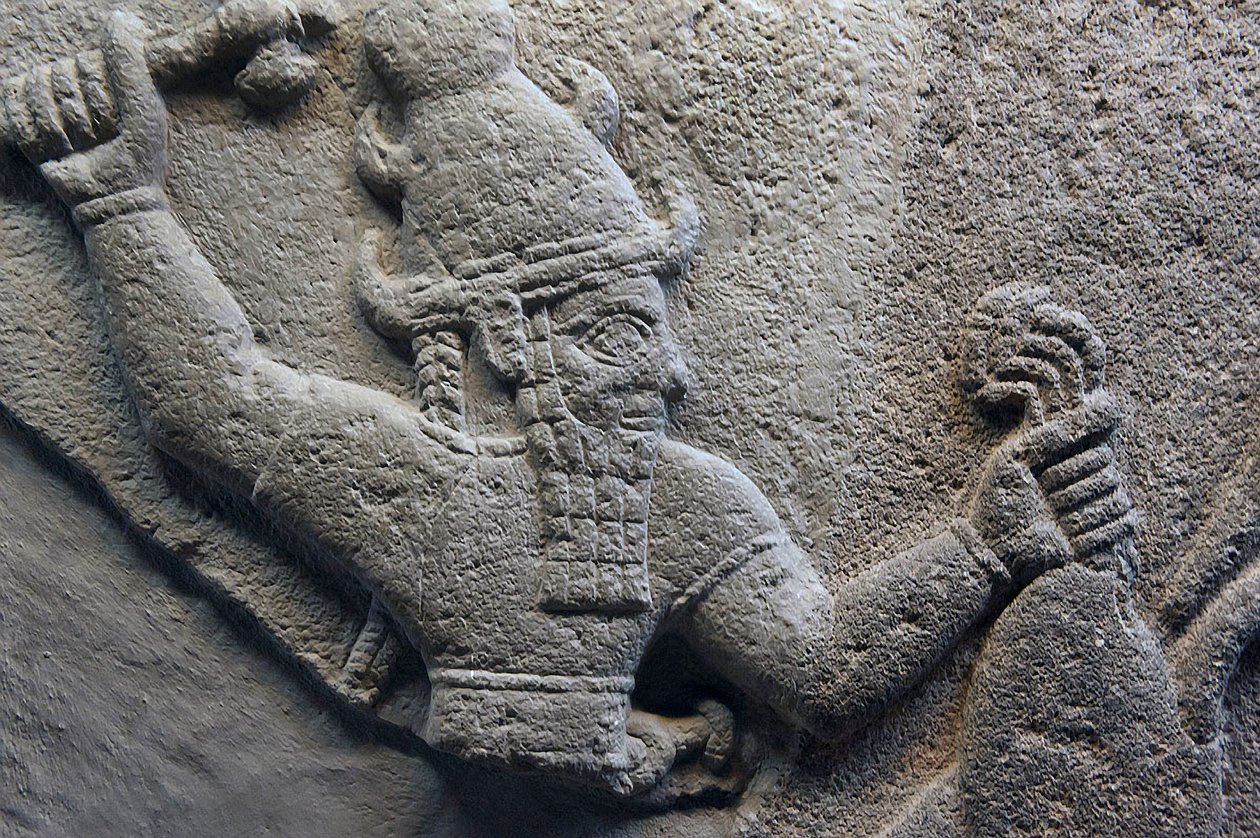 Detalhe, de, um, tempestade, deus, stele, basalto de Hittite
