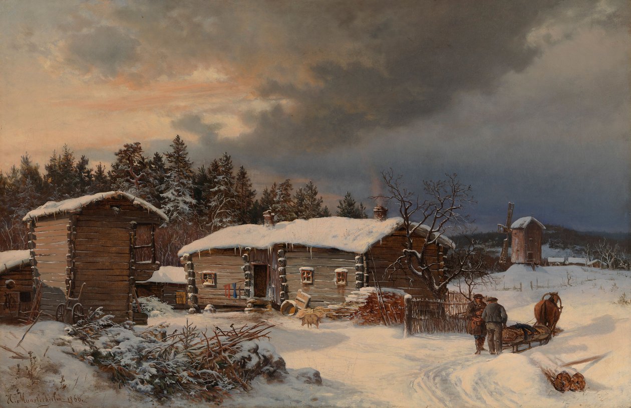 Paisagem de Inverno com casa rural em Häme de Hjalmar Munsterhjelm