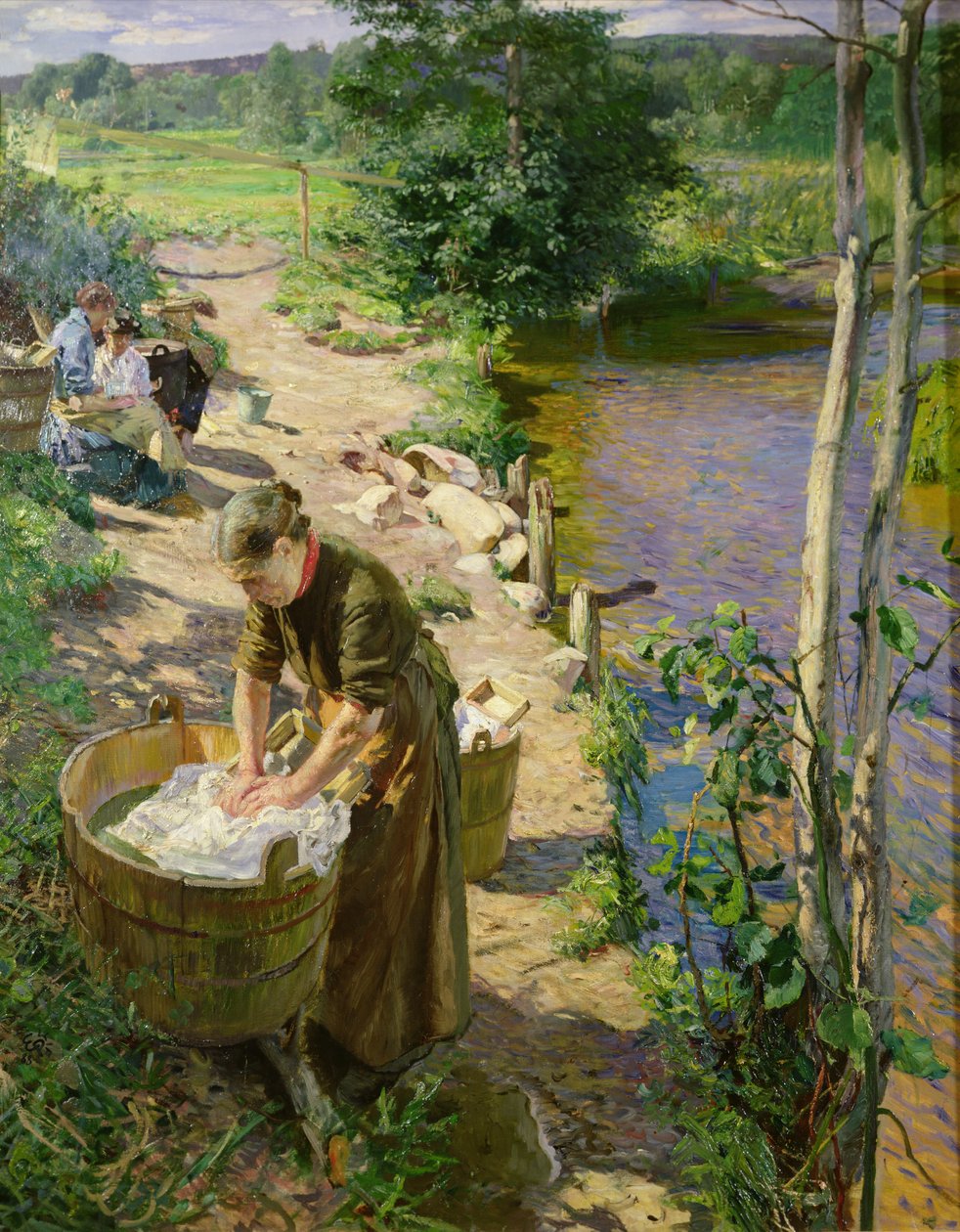 Lavando pelo Rio, Sandvika (óleo sobre tela) de Hjalmer Eilif Emanuel Peterssen