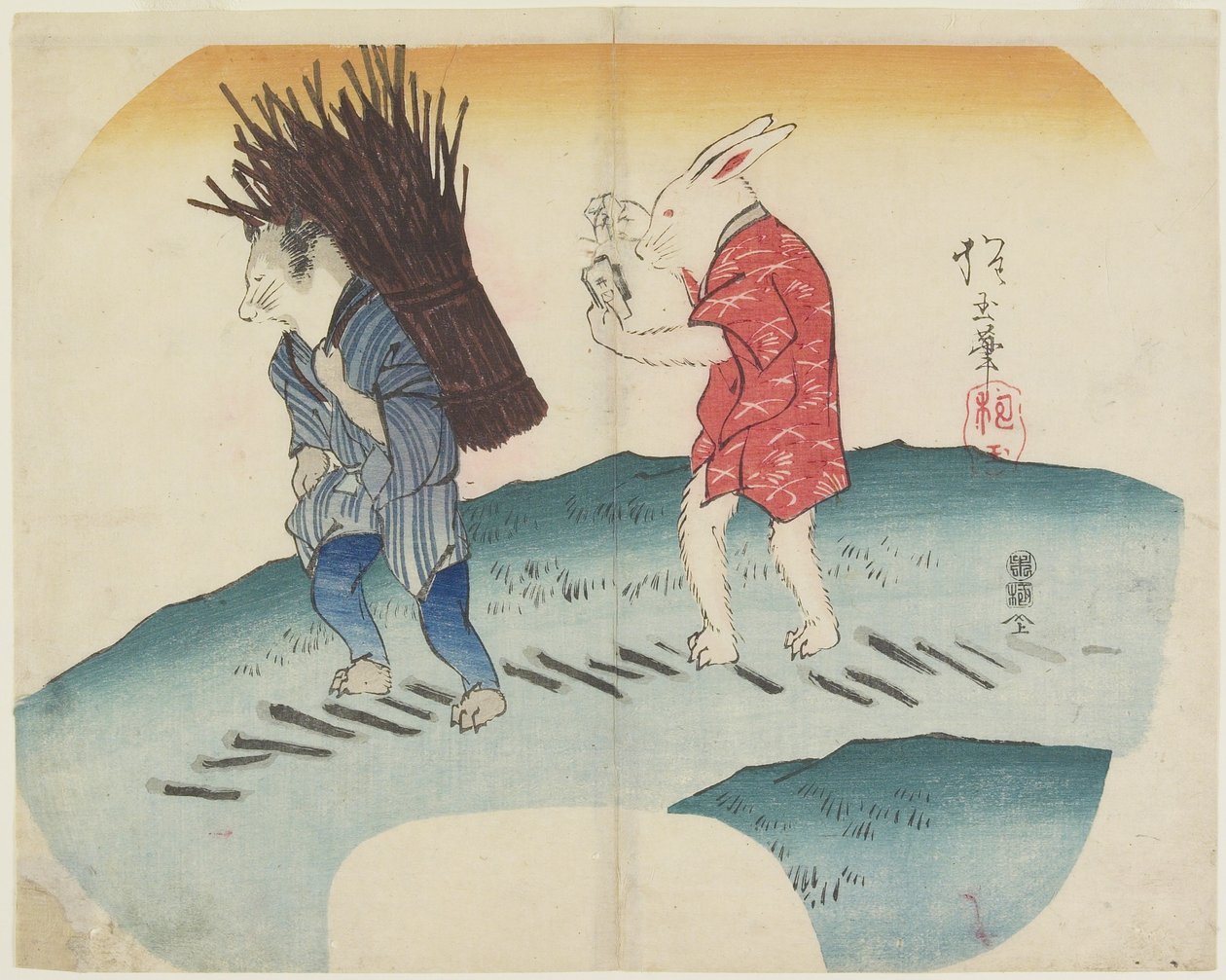 (Coelho colocando fogo na lenha carregada por guaxinim), 1835 de Hogyoku