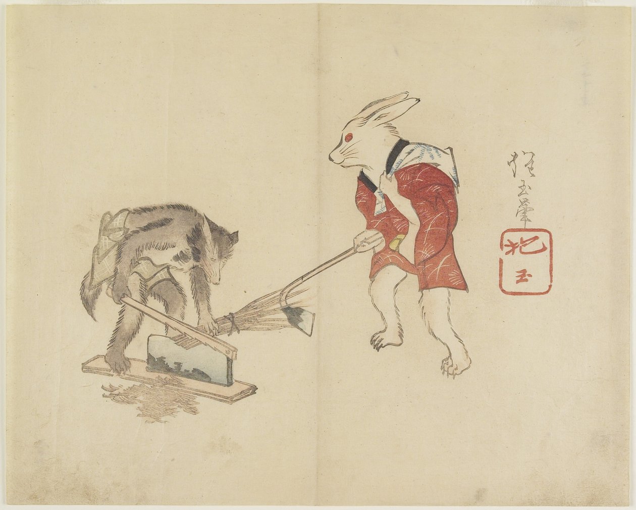 (Rabbit and Raccoon Chopping Straw), c. 1830 de Hogyoku