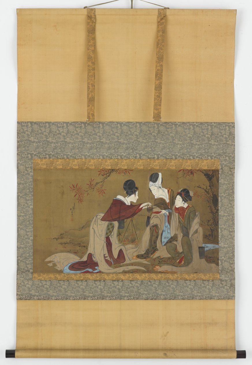 Três shirabyoshi bebendo saquê aquecido sobre um fogo de folhas de outono, período Edo, 1800-1850. de Hokuga