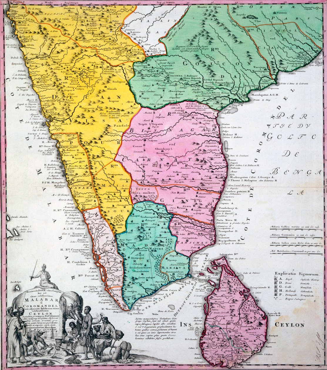 Mapa da península indiana, 1733 (gravura colorida à mão) de Homann Heirs Company