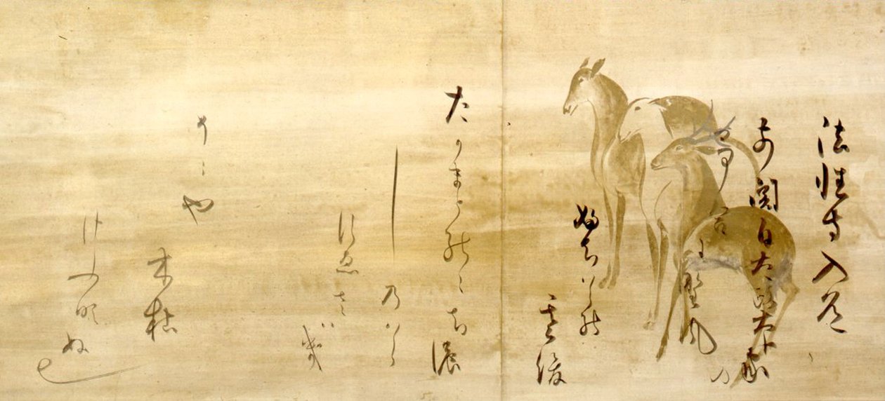 CALIGRAFIA DE POEMAS do Shinkokin-wakashu em papel decorado com cervos de Honami Koetsu