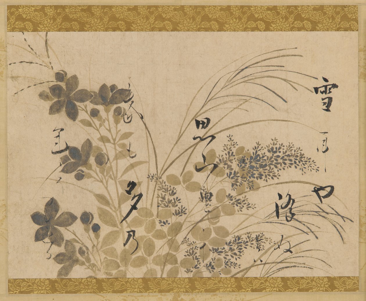 Flores, gramíneas e um poema, período Edo, 1615-1637. de Hon