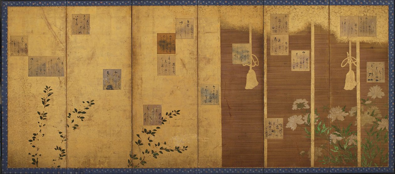 Biombos montados com poemas da antologia, Shin kokinshu, período Edo, c1624-1637. de Hon