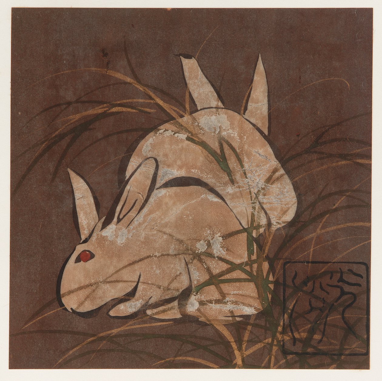 Coelhos e gramíneas, período Edo, final do século XVI e início do século XVII. de Hon