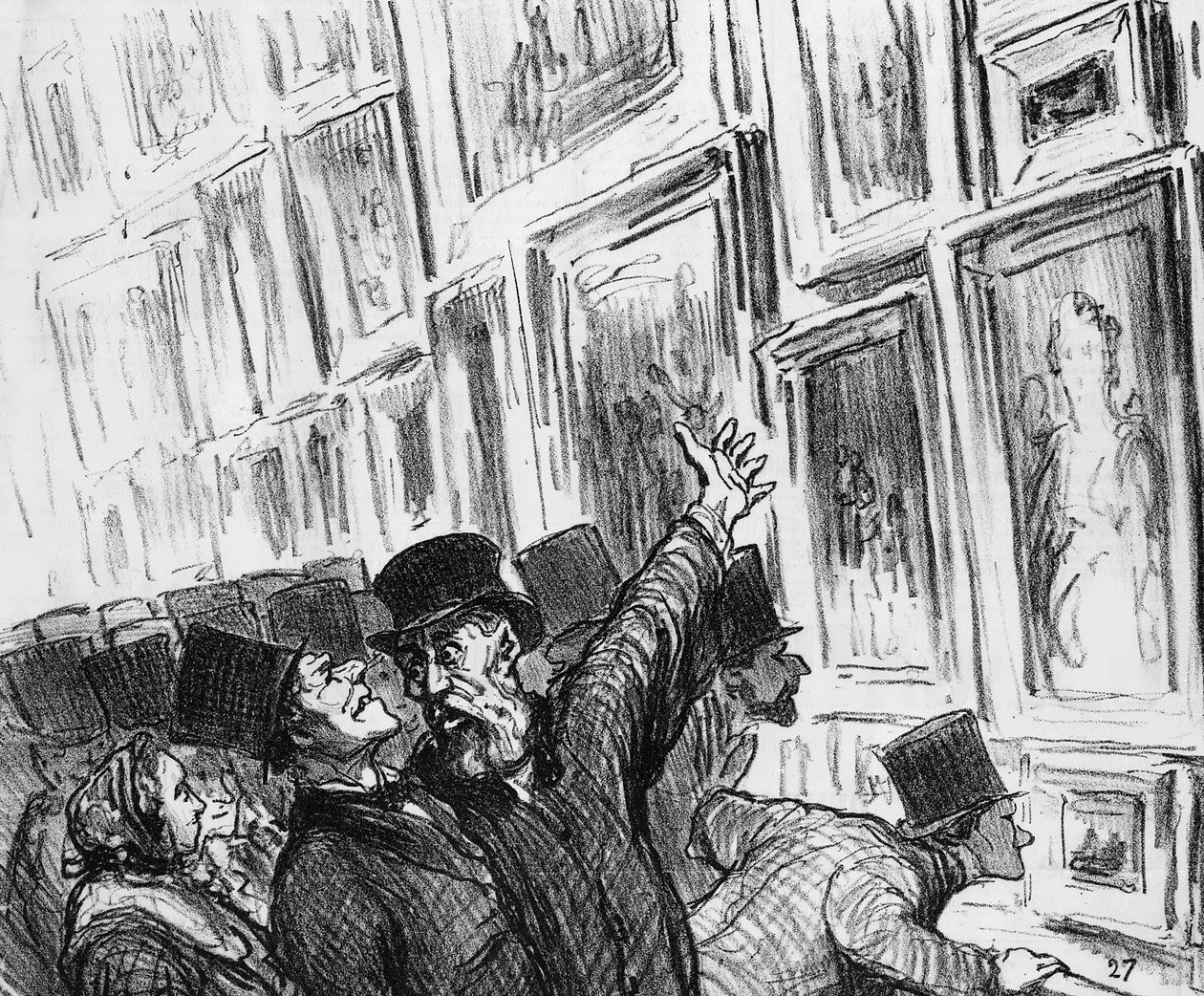 Artista sendo consolado no Salão de Paris de 1859 sobre a posição de seu trabalho na exposição, desenho animado da revista &39;Le Charivari&39;, 20 de abril de 1859 de Honoré Daumier