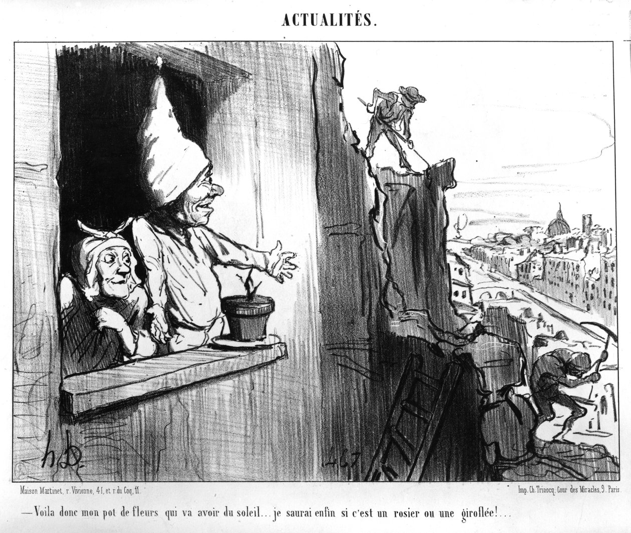 "Finalmente meu pequeno vaso de flores terá algum sol ... Eu vou aprender, por fim, se é uma roseira ou um wallflower! ... caricatura sobre a Haussmanização de Paris de &39;Le Charivari&39;, 18 de dezembro de 1852 (lit de Honoré Daumier