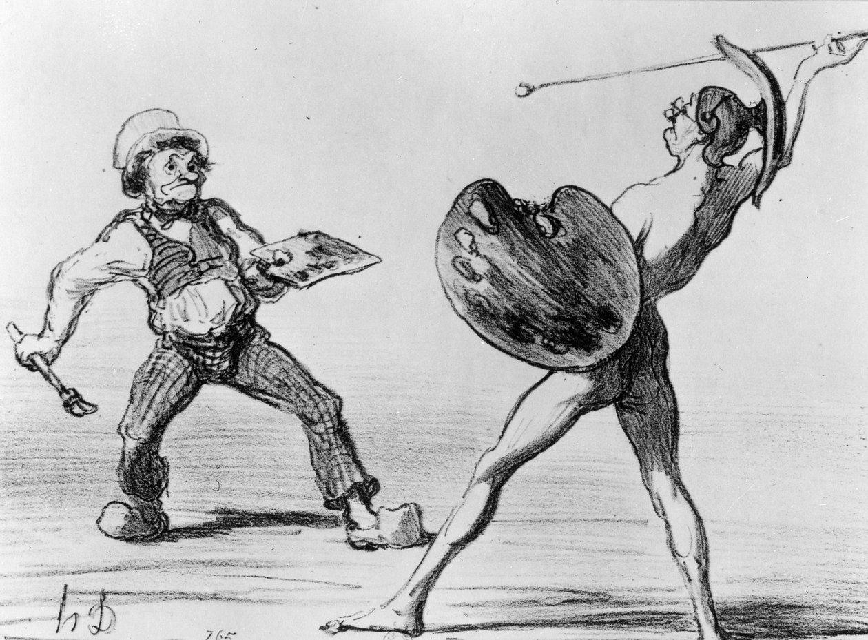 &39;Batalha das Escolas - Idealismo e Realismo&39;, ilustração da série &39;Fantaisies&39;, publicada em &39;Charivari&39;, 24 de abril de 1855 de Honoré Daumier