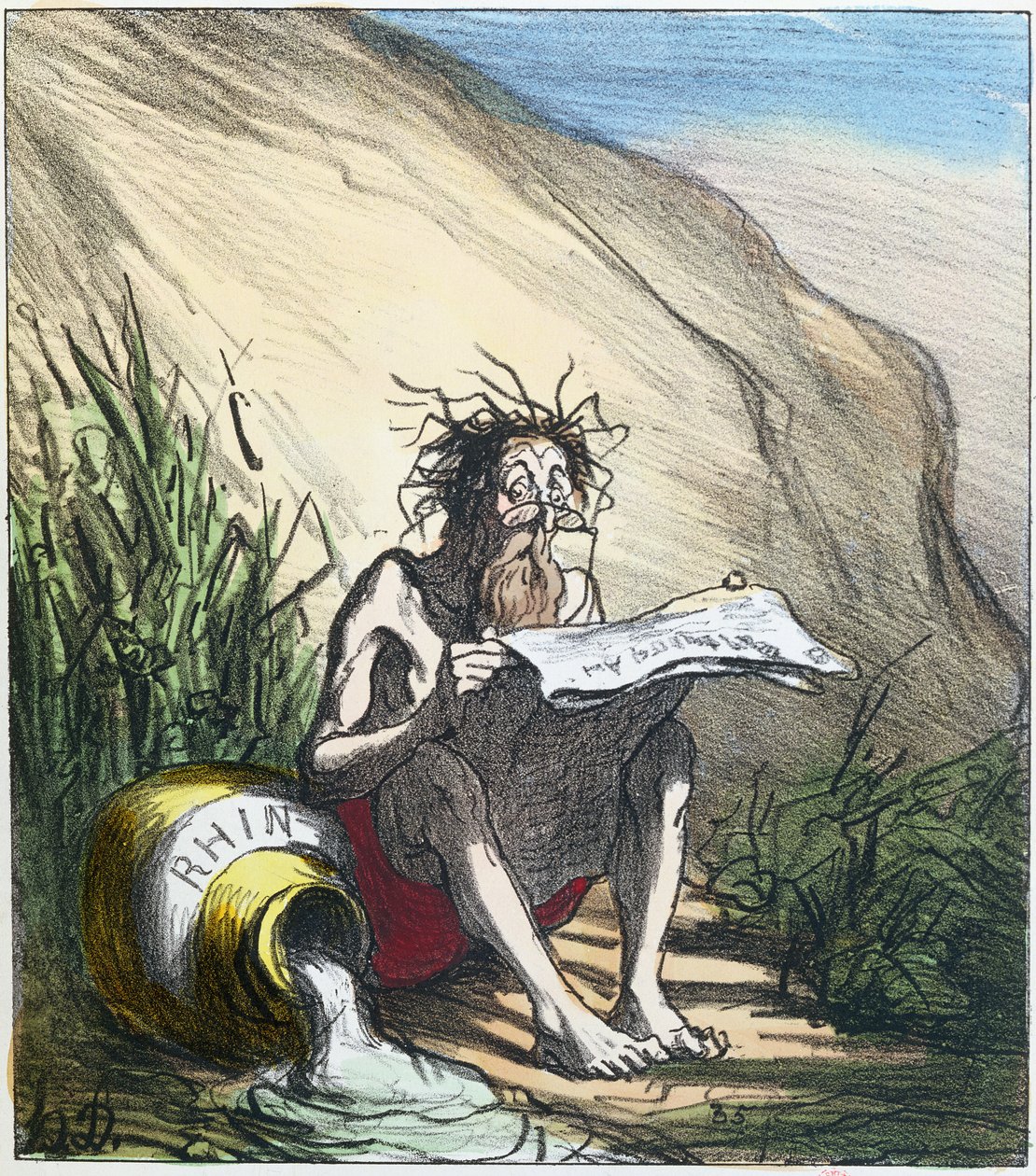 Diógenes (dc320 aC) lendo um jornal, c.1870 (litografia colorida) de Honoré Daumier