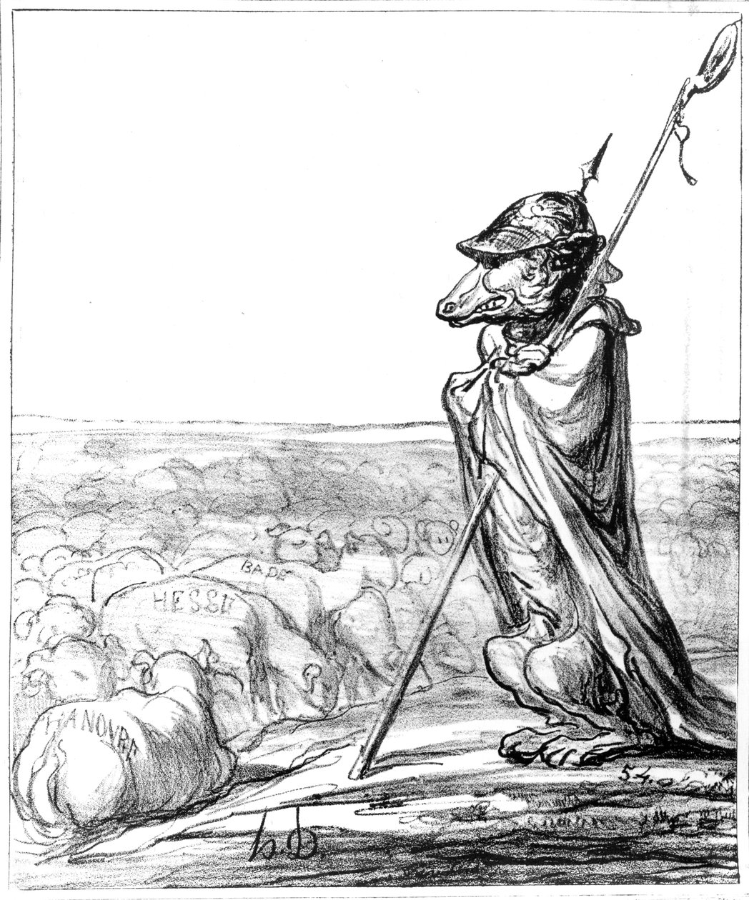 &39;La Fontaine Renewed&39;, Lobo Prussiano disfarçado de pastor para proteger as ovelhas alemãs, de &39;Le Charivari&39;, 10 de outubro de 1867 de Honoré Daumier