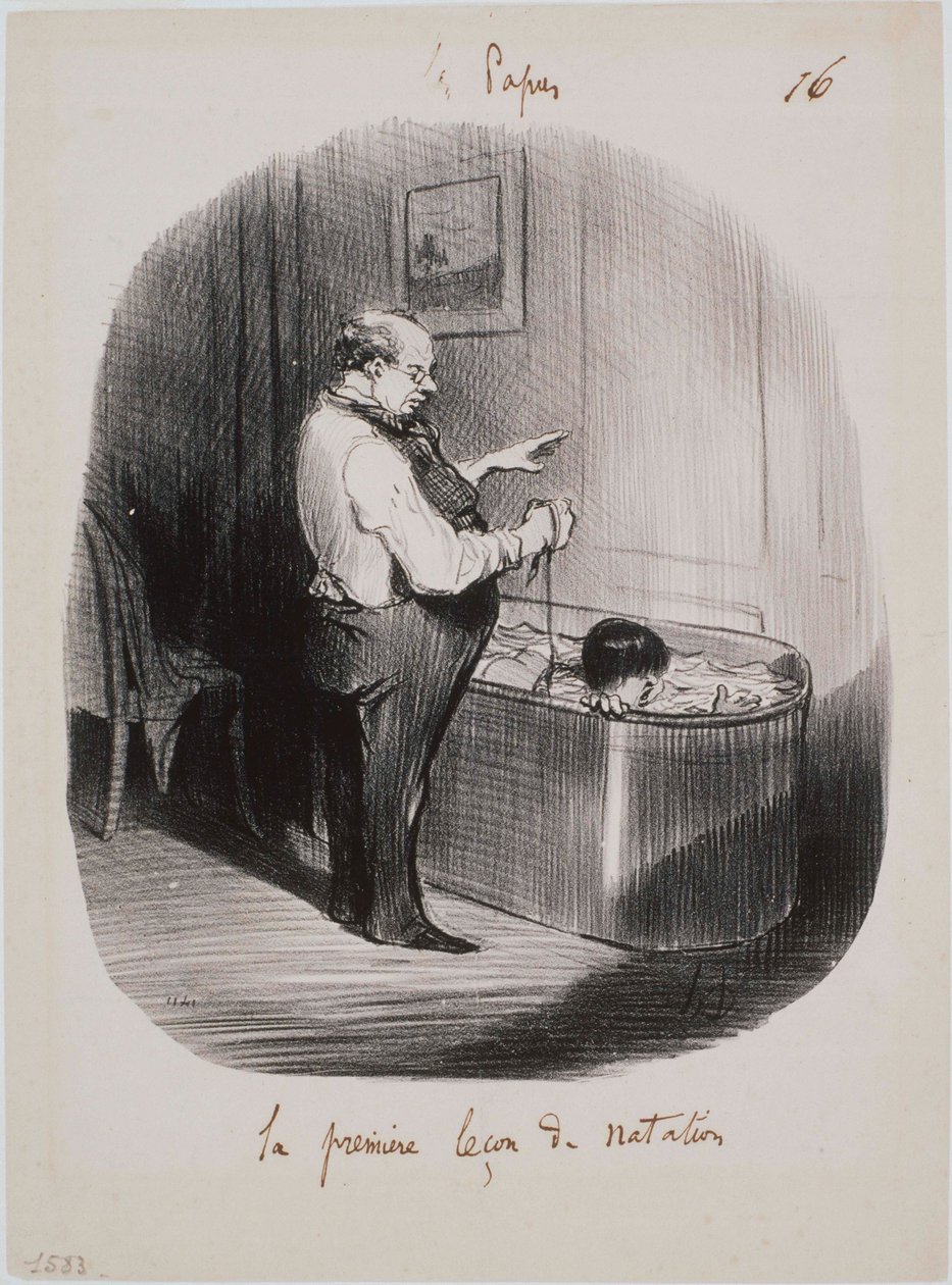 Os pais - a primeira lição de natação de Honoré Daumier