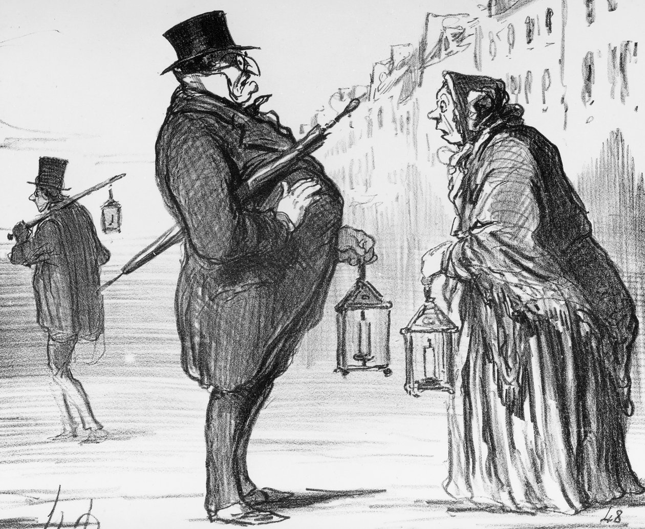 Actiteites da série, o cometa, os parisienses estão tomando todas as precauções necessárias, mesmo no meio-dia, desde que o Sr. Babinet anunciou que o sol pode desaparecer, placa 385, ilustração de &39;Le Chari de Honoré Daumier