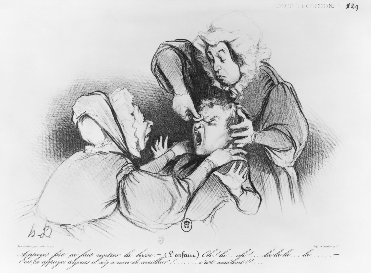 Série &39;Croquis d&39;expressions&39;, a colisão, placa 26, ilustração de &39;Le Charivari&39;, 4 de setembro de 1838 de Honoré Daumier