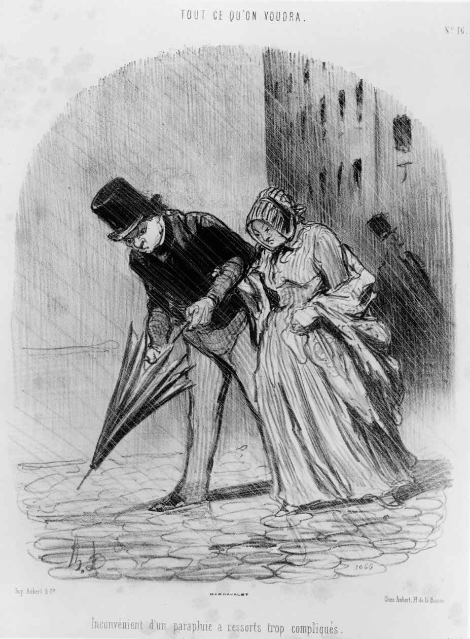 Série &39;Tout ce qu&39;on voudra&39;, Desvantagem de ter um guarda-chuva com um complicado sistema de molas, placa 16, 1847 de Honoré Daumier