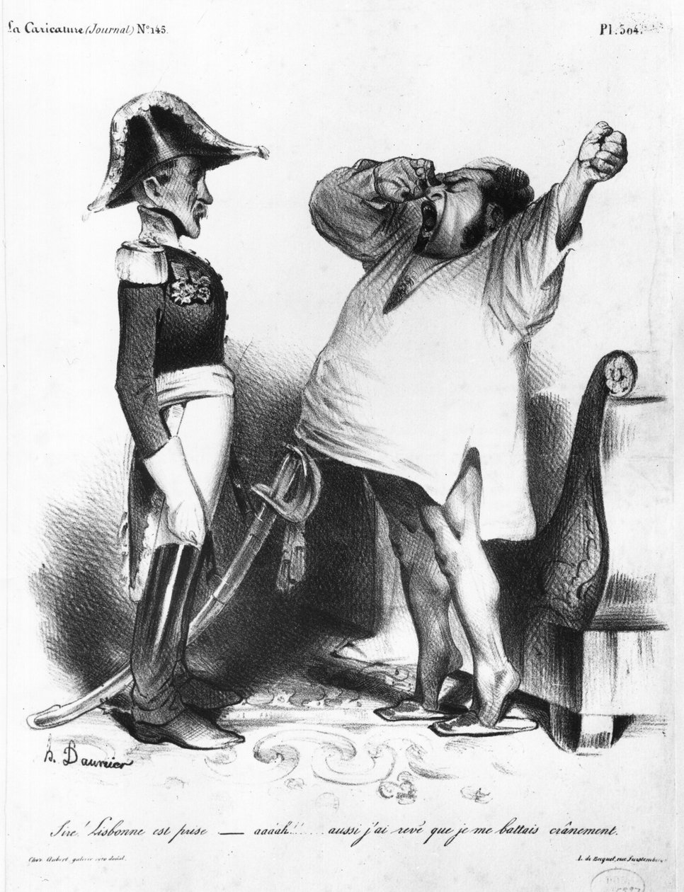 O conde de Villaflor dizendo Pedro I (1798-1834) Imperador do Brasil e Rei de Portugal que ele recapturou Lisboa, de &39;La caricatura&39;, N 145, 1833 de Honoré Daumier