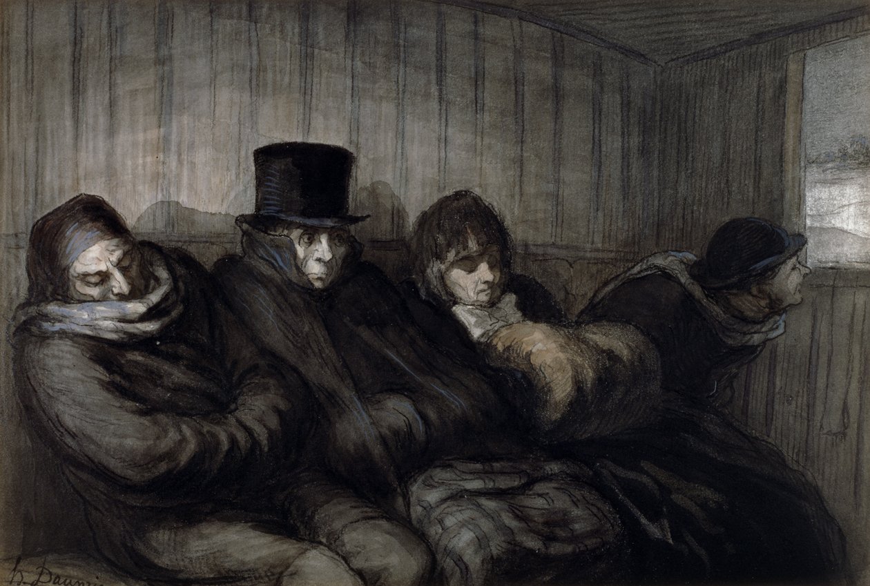 The Second Class Carriage, 1864 (wc, lavagem de tinta e carvão no papel) de Honoré Daumier