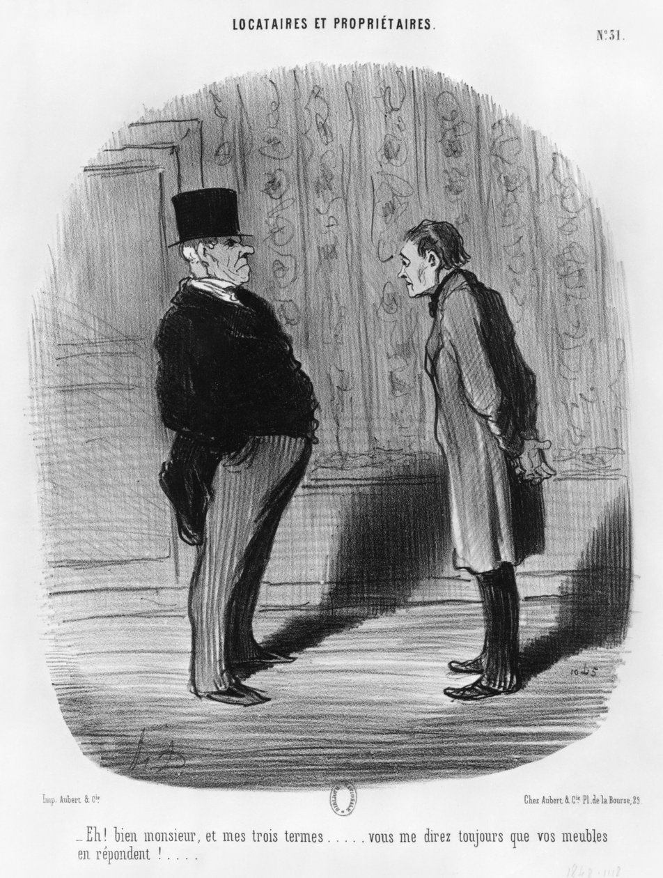 &39;Bem, senhor, e os meus três termos&39;, placa 31 da série &39;Inquilinos e proprietários&39;, 1848 de Honoré Daumier