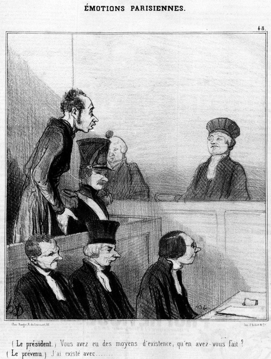 (Presidente) Você tinha um meio de subsistência, o que fez com ele? (O réu) Eu existo com...,, série de desenhos animados sobre emoções parisienses de Honore Daumier (1808-1879). "Charivari" de Honoré Daumier