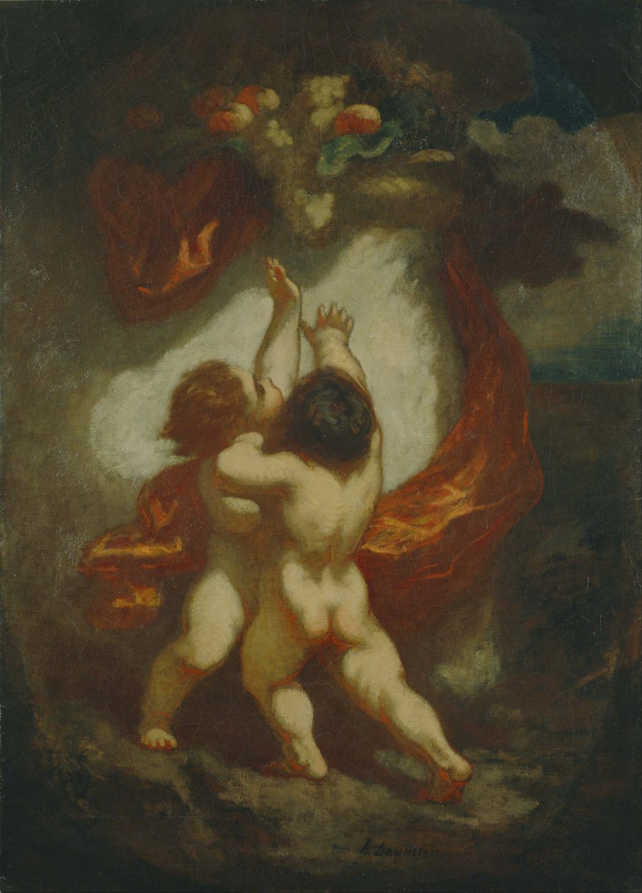 Duas crianças a lutar por uma peça de fruta de Honoré Daumier