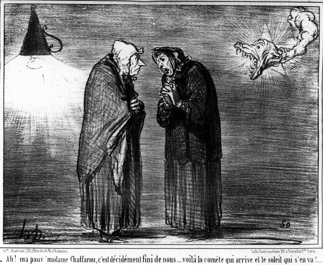 - Ah! Minha pobre Madame Chaffarou, está decidentemente sobre nós... aqui está o cometa chegando e o sol partindo, caricatura de Honore Daumier (1808-1879). "Charivari"... de Honoré Daumier