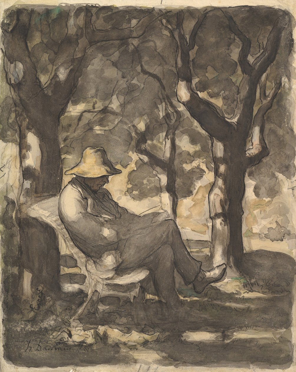 Um homem lendo em um jardim, 1825-79 (wc sobre giz preto, caneta e tinta, lavar e crayon) de Honoré Daumier