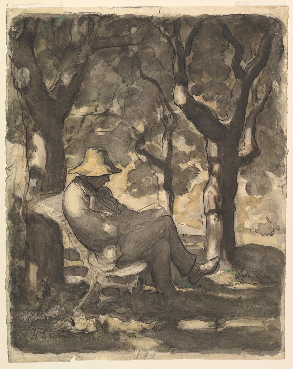 Um homem lendo em um jardim reto, Esboço preliminar de um homem lendo em um jardim v ..., ca. 1865 de Honoré Daumier