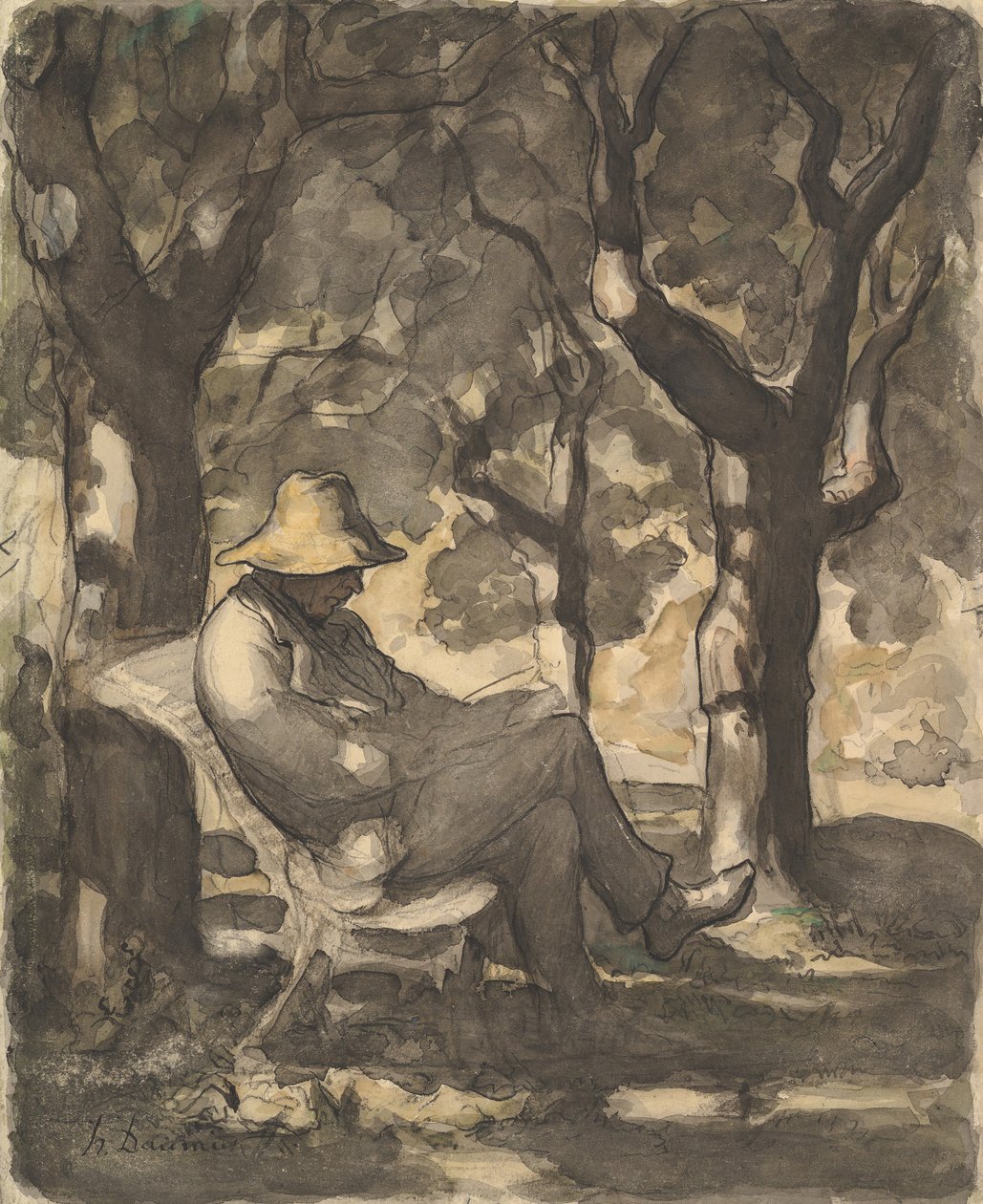 Um homem lendo em um jardim reto..., c. 1865. de Honoré Daumier