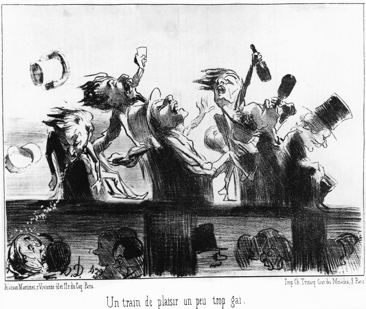 Um comboio divertido um pouco alegre demais: retirado de "Les trains de Plaisir", desenhos animados da série sobre os caminhos-de-ferro de Honore Daumier (1808-1879). "Charivari". de Honoré Daumier