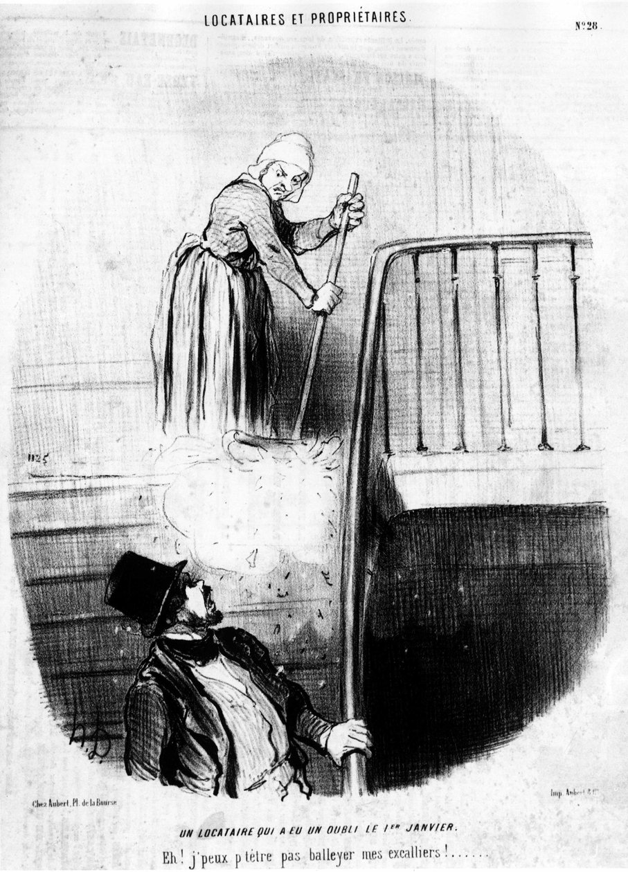 Um inquilino que teve um esquecimento a 1 de Janeiro. Ei! Não consigo atirar os meus alpinistas! , retirado de "Tenants et Owners", série de desenhos animados de Honore Daumier (1808-1879). "Charivari". de Honoré Daumier