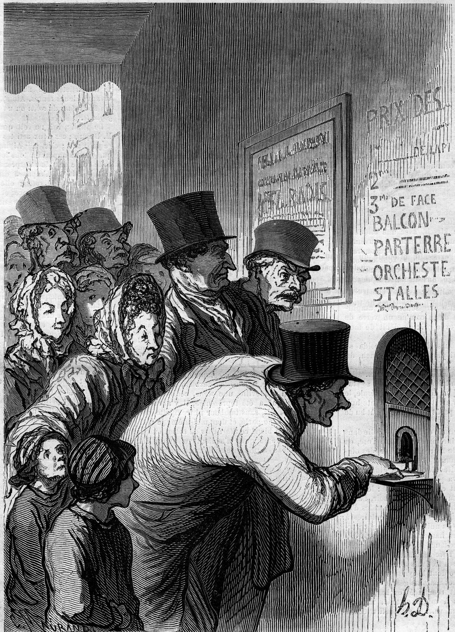 Uma janela do teatro. Cartoon de Honore Daumier (1808-1879). Gravura em "Le Monde Illustré" n°269 de 7 de Junho de 1862. de Honoré Daumier