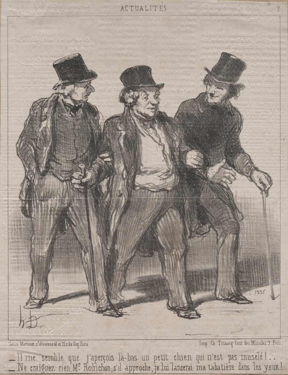 Atualidades (Nº 7): Parece-me que noto ali um cachorrinho que não tem focinheira!... Não pense nisso, Sr. Rohichon; se ele se aproximar, vou jogar minha caixa de rapé em seus olhos! de Honoré Daumier