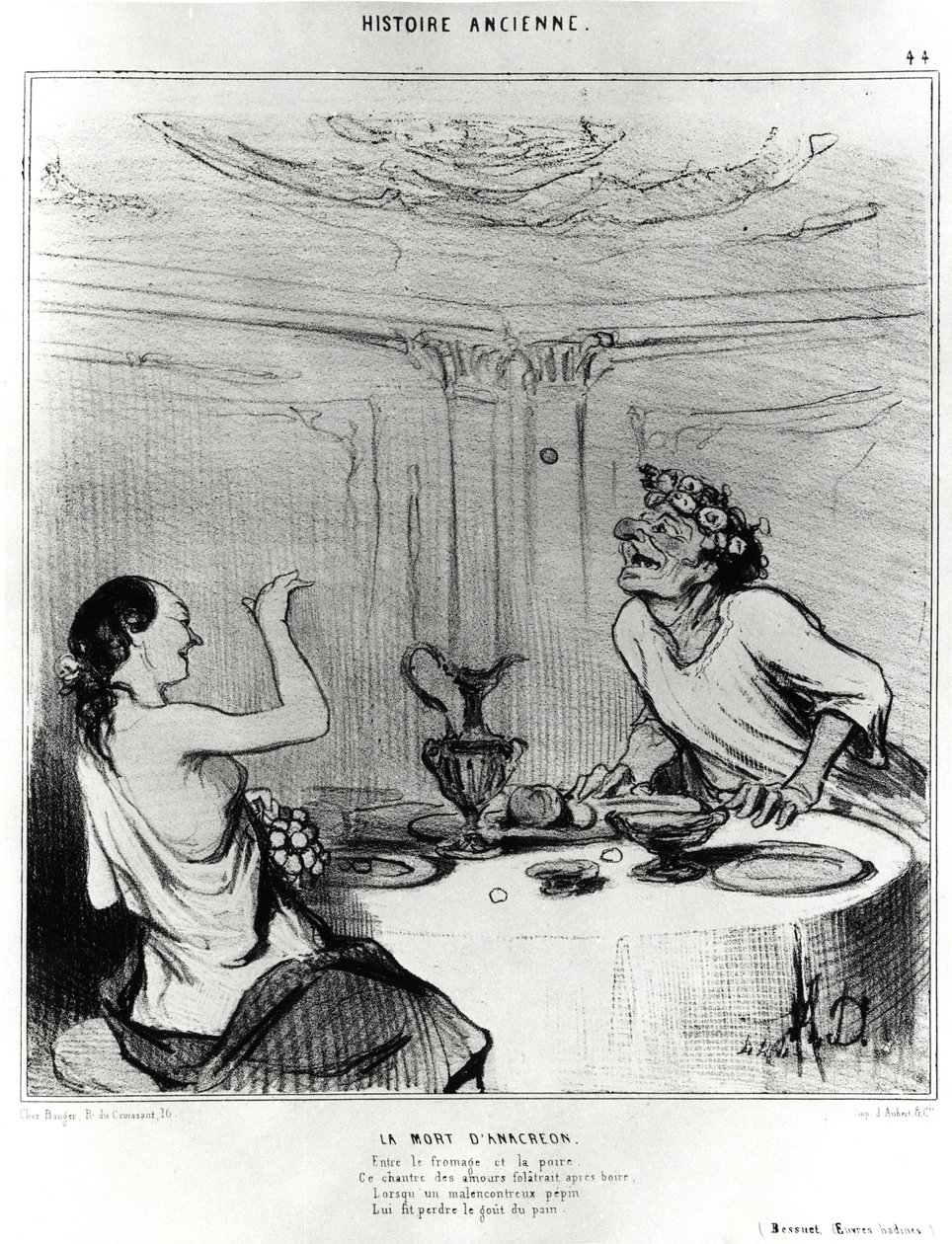 História antiga: a morte de Anacreon, caricatura para ilustrar um trecho das obras badinas de Jacques-Benigne (Jacques Benigne) Bossuet (1627-1704): "Entre queijo e pêra, Este cantor de amores folatrait depois de beber, Quando um infeliz pepepei de Honoré Daumier