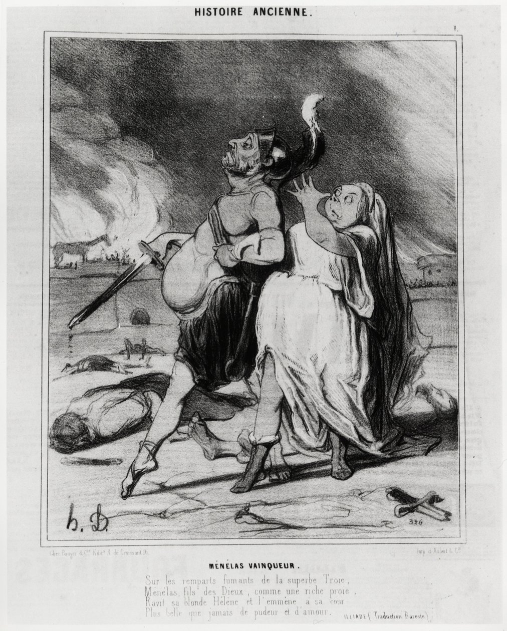 Uma história antiga: Menelas vencedora, caricatura para ilustrar um excerto da Ilíada de Homere: "Nas muralhas fumegantes da soberba Tróia, Menelas, filho dos deuses, como uma presa rica, arrebata sua loura Helena e a leva à sua corte Mais bela do que qual de Honoré Daumier